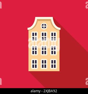 Charmant bâtiment de style hollandais avec plusieurs fenêtres est placé sur un fond rouge vif, créant un contraste saisissant avec sa longue ombre Illustration de Vecteur