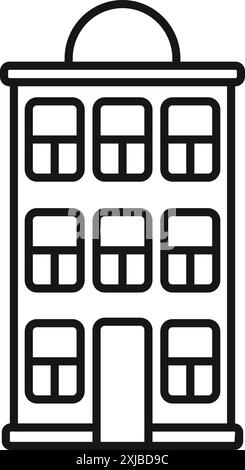 Icône simple en noir et blanc d'un immeuble résidentiel de trois étages avec un grenier et une fenêtre ronde sur le toit Illustration de Vecteur