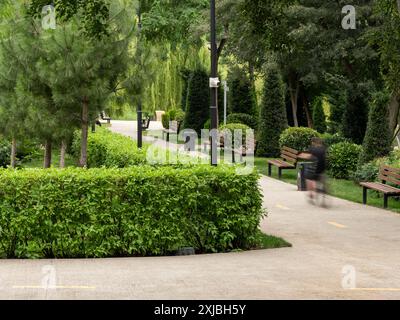 Une silhouette floue d'un cycliste roulant sur un chemin pavé à travers un parc public. Une végétation luxuriante entoure le chemin, et il y a des bancs le long du côté. Banque D'Images