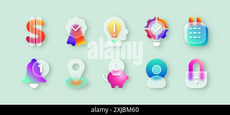 Icônes d'interface utilisateur avec effet de glassmorphisme mat. Signe d'argent de morphisme en verre dépoli transparent, épingle, tête humaine, serrure de sécurité, calendrier, boutons de dégradé de flou pour l'utilisateur de la personne ou la solution d'entreprise pour l'application mobile Illustration de Vecteur