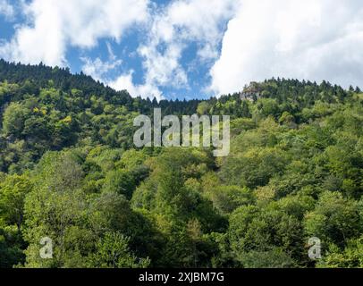 Une série de paysages pittoresques avec des montagnes verdoyantes, des vallées sereines et des villages ruraux sous un ciel clair avec des nuages éparpillés, highlig Banque D'Images