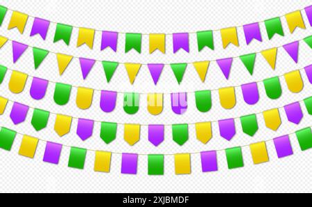 Drapeaux de banderole, drapeaux de fête de carnaval, fanions festifs de mardi gras accrochés à une corde. Illustration de Vecteur