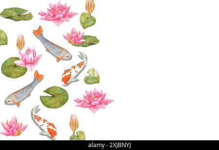 Carpes Koï et fleurs de lotus. Bannière. Illustration aquarelle. Fond oriental asiatique dessiné à la main avec des poissons arc-en-ciel. Banque D'Images