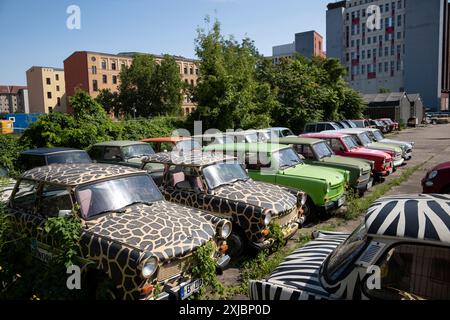 Voitures Trabant produites de 1957 à 1991 par l'ancien constructeur automobile est-allemand VEB Sachsenring Automobilwerke Zwickau utilisées pour des voyages touristiques à Berlin. Banque D'Images