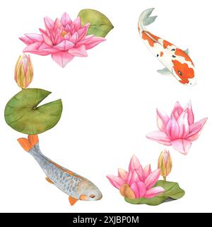 Carpes Koï et fleurs de lotus. Cadre. Illustration aquarelle. Fond oriental asiatique dessiné à la main avec des poissons arc-en-ciel. Banque D'Images