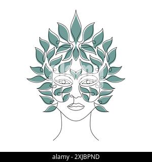 L'image présente un dessin au trait d'un visage de femme avec des feuilles vertes. Illustration de Vecteur