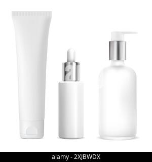 Ensemble de bouteilles cosmétiques réalistes. Flacon à pompe, réservoir de sérum. Motif tube crème cosmétique. Flacon de lotion Airless avec distributeur en argent, modèle minimaliste Illustration de Vecteur