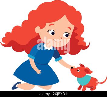 Petite fille en robe bleue jouant avec le chat rouge Illustration de Vecteur