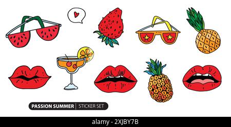 Red Lips Funny Set. Lèvres rouges juteuses vibrantes, fruits d'été et lunettes de soleil. Collection Summer Elements dans le dessin animé doodle. Illustration vectorielle de l'autocollant Illustration de Vecteur