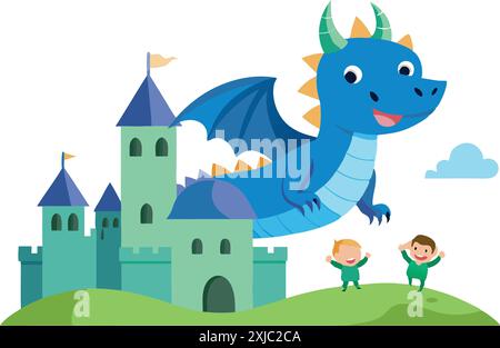 Dragon bleu planant au-dessus d'un château tandis que deux enfants heureux jouent sur l'herbe dans un cadre fantaisiste. Illustration de Vecteur