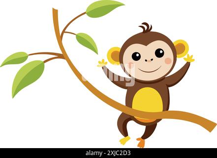 Adorable singe de dessin animé suspendu à une branche d'arbre, souriant et ondulant. Idéal pour les illustrations pour enfants, le matériel éducatif ou le graphique animal amusant Illustration de Vecteur