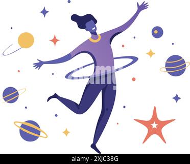 Une illustration unique représentant une femme hula hooping avec des planètes colorées et des étoiles dans un cadre spatial fantaisiste. Illustration de Vecteur