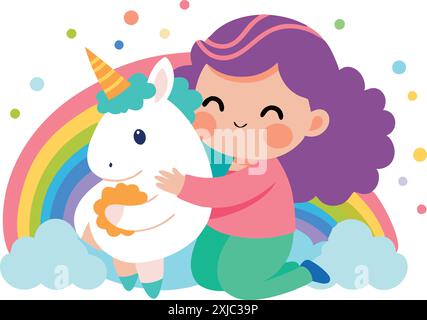 Illustration adorable d'une fille souriante embrassant une licorne avec un arc-en-ciel et nuage en toile de fond, évoquant des sentiments de joie et de magie. Illustration de Vecteur