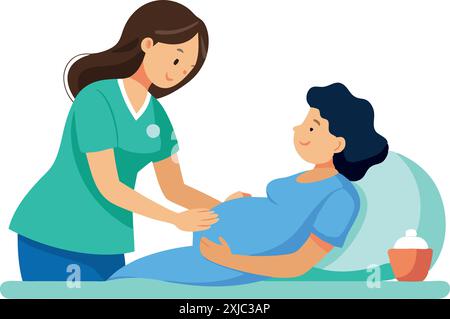 Illustration d'une infirmière soignant une femme enceinte au lit. Idéal pour les soins de santé, les soins de maternité et les concepts de soutien médical. Illustration de Vecteur