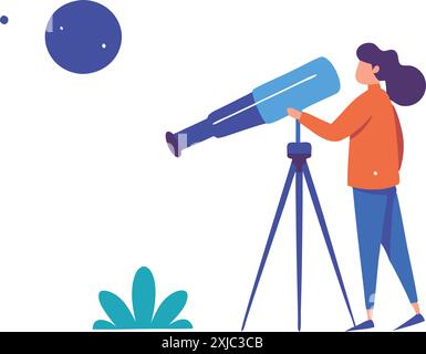 Illustration colorée de dessin animé d'une personne regardant à travers un télescope le ciel nocturne. Astronomie et concept d'observation des étoiles. Illustration de Vecteur