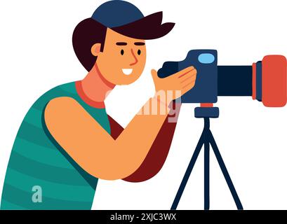 Illustration colorée d'un homme utilisant un appareil photo sur un trépied pour la photographie. Idéal pour les concepts de créativité, de loisirs et de technologie. Illustration de Vecteur