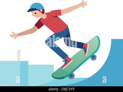 Illustration d'un jeune skateur effectuant des cascades sur une rampe. Le skateur porte un casque pour la sécurité. Illustration de Vecteur