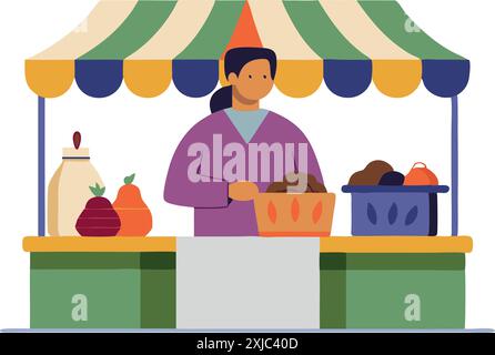 Une illustration d'un vendeur de marché vendant des fruits et légumes frais sur un stand de marché coloré. Illustration de Vecteur