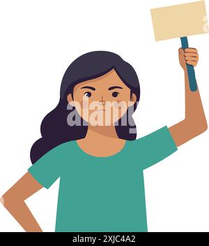 Illustration vectorielle d'une femme en colère avec de longs cheveux tenant un signe de protestation blanc, exprimant la colère et la détermination. Illustration de Vecteur