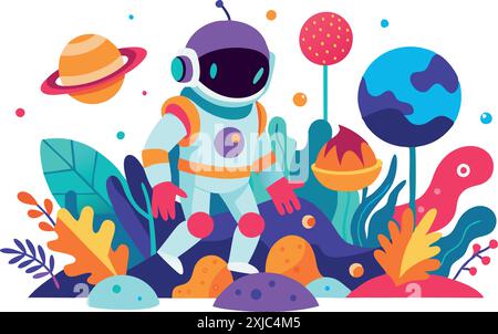 Illustration colorée représentant un astronaute explorant une planète extraterrestre vibrante, entourée de plantes fantaisistes et d'éléments cosmiques. Illustration de Vecteur