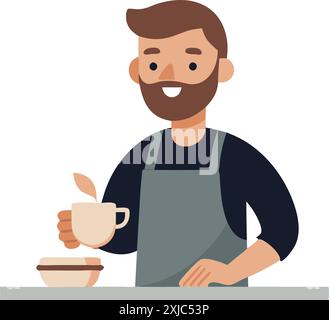 Barista souriant avec une barbe tenant une tasse de café debout à un comptoir, portant un tablier dans un café. Illustration de Vecteur