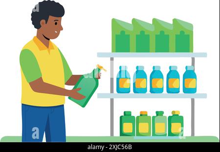 Illustration d'un homme sélectionnant un produit de nettoyage sur des étagères de magasin remplies de différentes bouteilles de détergent dans un environnement de vente au détail. Illustration de Vecteur