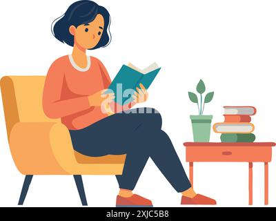 Illustration d'une femme assise confortablement sur une chaise, lisant un livre, avec une pile de livres et une petite plante sur une table d'appoint Illustration de Vecteur