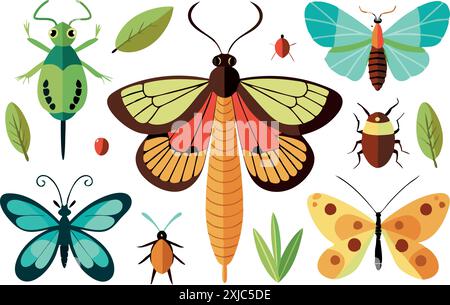 Illustration lumineuse et colorée mettant en vedette divers insectes comme des papillons, des coléoptères et des feuilles dans un design fantaisiste et vibrant. Illustration de Vecteur