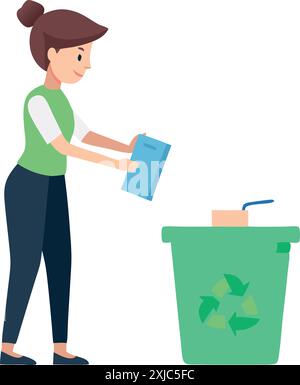 Femme recyclant le papier dans un bac vert avec symbole de recyclage. Concept de mode de vie écologique et de gestion des déchets. Illustration de Vecteur