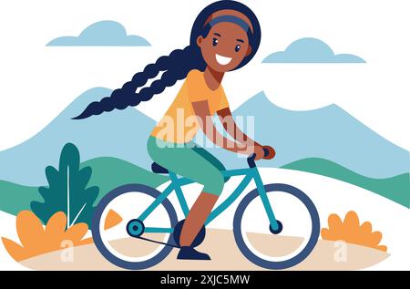 Une femme joyeuse aime faire du vélo à travers un beau paysage de montagne par une journée ensoleillée, des couleurs vibrantes et une atmosphère joyeuse. Illustration de Vecteur