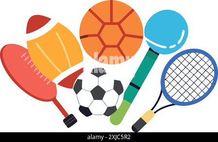 Illustration colorée avec différents équipements sportifs tels que le football, le basket-ball, le ballon de football et la raquette de tennis, idéal pour les sports liés au desi Illustration de Vecteur