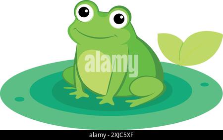 Illustration d'une jolie grenouille de dessin animé verte sur un coussin de lis, exsudant une ambiance amicale et joyeuse. Illustration de Vecteur