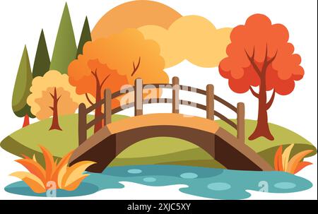 Belle scène d'automne avec un pont en bois sur une rivière, entouré par le feuillage d'automne vibrant et la nature sereine. Illustration de Vecteur