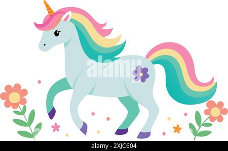 Adorable licorne de dessin animé avec une crinière vibrante et des fleurs. Parfait pour les dessins pour enfants, les cartes de vœux et les illustrations fantastiques. Illustration de Vecteur