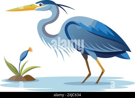 Illustration vectorielle colorée d'un héron bleu debout dans l'eau peu profonde à côté d'une petite plante sur un fond blanc. Illustration de Vecteur