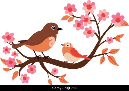 Illustration mignonne de deux oiseaux perchés sur une branche d'arbre en fleurs de cerisier avec des fleurs roses au printemps Illustration de Vecteur