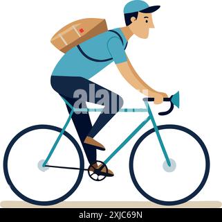 Illustration d'un courrier roulant à vélo avec un gros paquet sur son dos, livrant des colis sur un fond blanc. Illustration de Vecteur