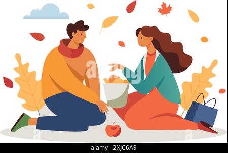 Illustration d'un couple ayant un pique-nique d'automne avec des feuilles qui tombent, portant des vêtements chauds, et assis sur le sol. Illustration de Vecteur