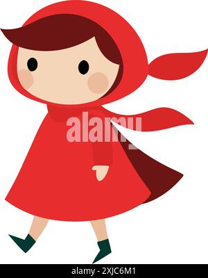 Adorable illustration de dessin animé d'une petite fille portant une capuche rouge et une écharpe tout en marchant. Parfait pour les histoires d'enfants, les contes de fées et l'animation. Illustration de Vecteur