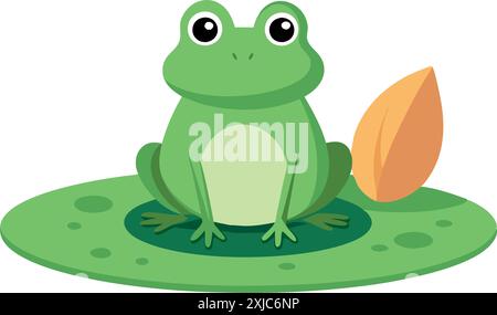 Illustration d'une adorable grenouille de dessin animé assise sur un coussin de lis. Idéal pour les conceptions pour enfants, le matériel éducatif et les projets sur le thème de la nature. Illustration de Vecteur