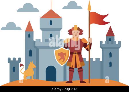 Illustration d'un chevalier médiéval debout avec bouclier et lance devant un château avec des tours et un chien fidèle. Illustration de Vecteur