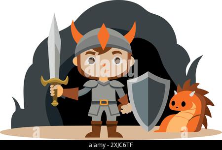 Illustration adorable d'un chevalier de dessin animé tenant une épée et un bouclier, avec un petit dragon à côté d'eux, debout devant une grotte sombre. Illustration de Vecteur