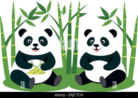 Deux pandas assis et mangeant du bambou Illustration de Vecteur