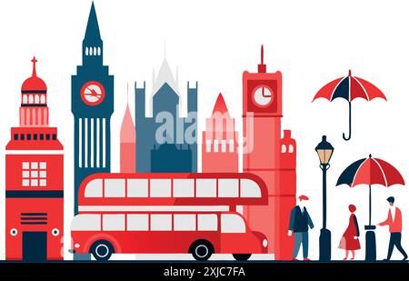 Monuments célèbres de Londres avec bus à impériale rouge Illustration de Vecteur