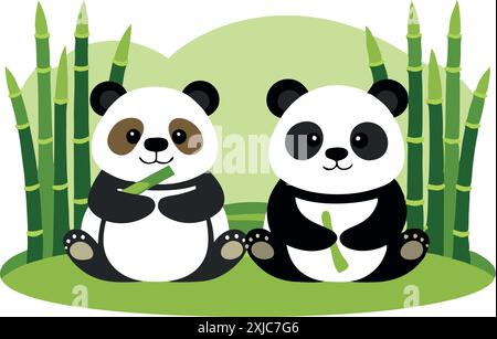 Deux pandas assis et mangeant du bambou Illustration de Vecteur