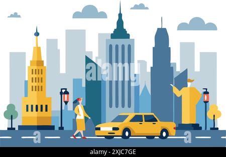 Monuments de New York avec taxi jaune Illustration de Vecteur