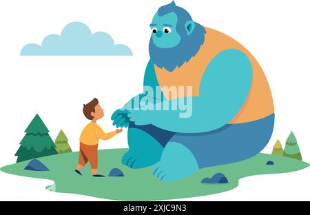 Image de dessin animé d'un enfant rencontrant une grande créature bleue. Une scène d'amitié et d'aventure dans la nature avec des arbres et des nuages autour. Illustration de Vecteur