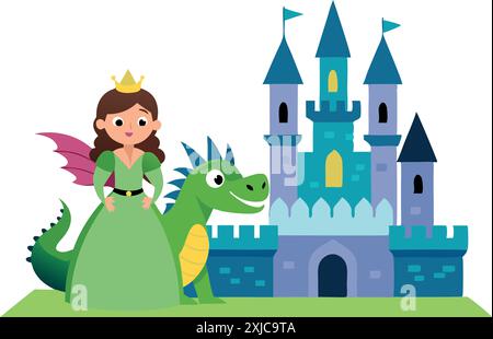 Illustration fantaisiste avec une princesse avec un dragon amical et un château majestueux dans un monde fantastique. Illustration de Vecteur