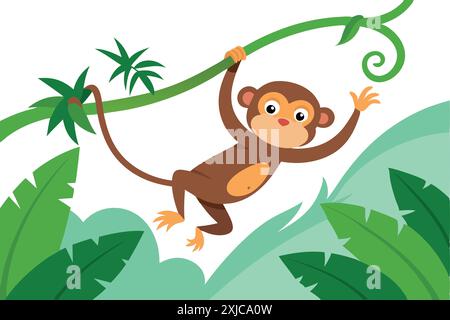 Adorable singe de dessin animé suspendu à une vigne dans un cadre de jungle colorée avec des feuilles vertes luxuriantes. Parfait pour les illustrations pour enfants et éducatives Illustration de Vecteur