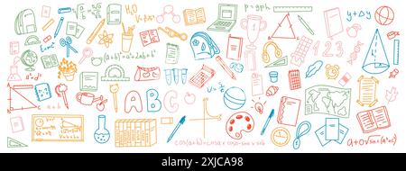 Variété de fournitures scolaires multicolores doodle ensemble de vecteurs. Ensemble d'icônes dessinées à la main dans un style artistique simple idéal pour le matériel éducatif Illustration de Vecteur